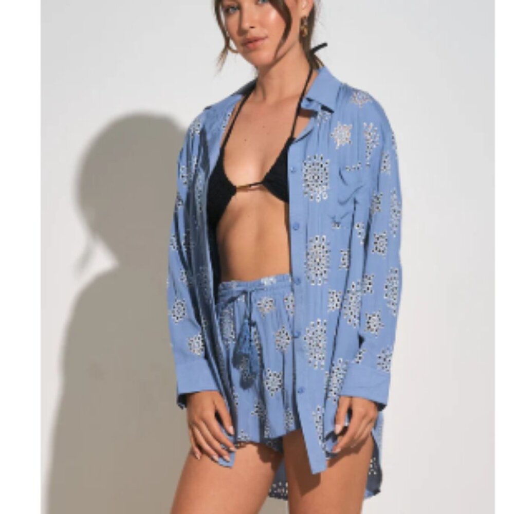 Elan Blue Floral Button-Down Swim Coverup Set